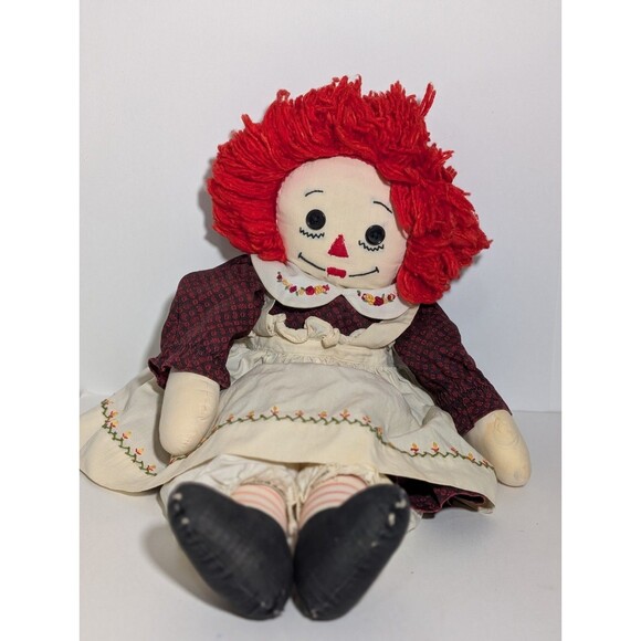 VTG RAGGEDY ANN PLUSH DOLL 18" Handmade W Embordered Face Button Eyes - Picture 1 of 10